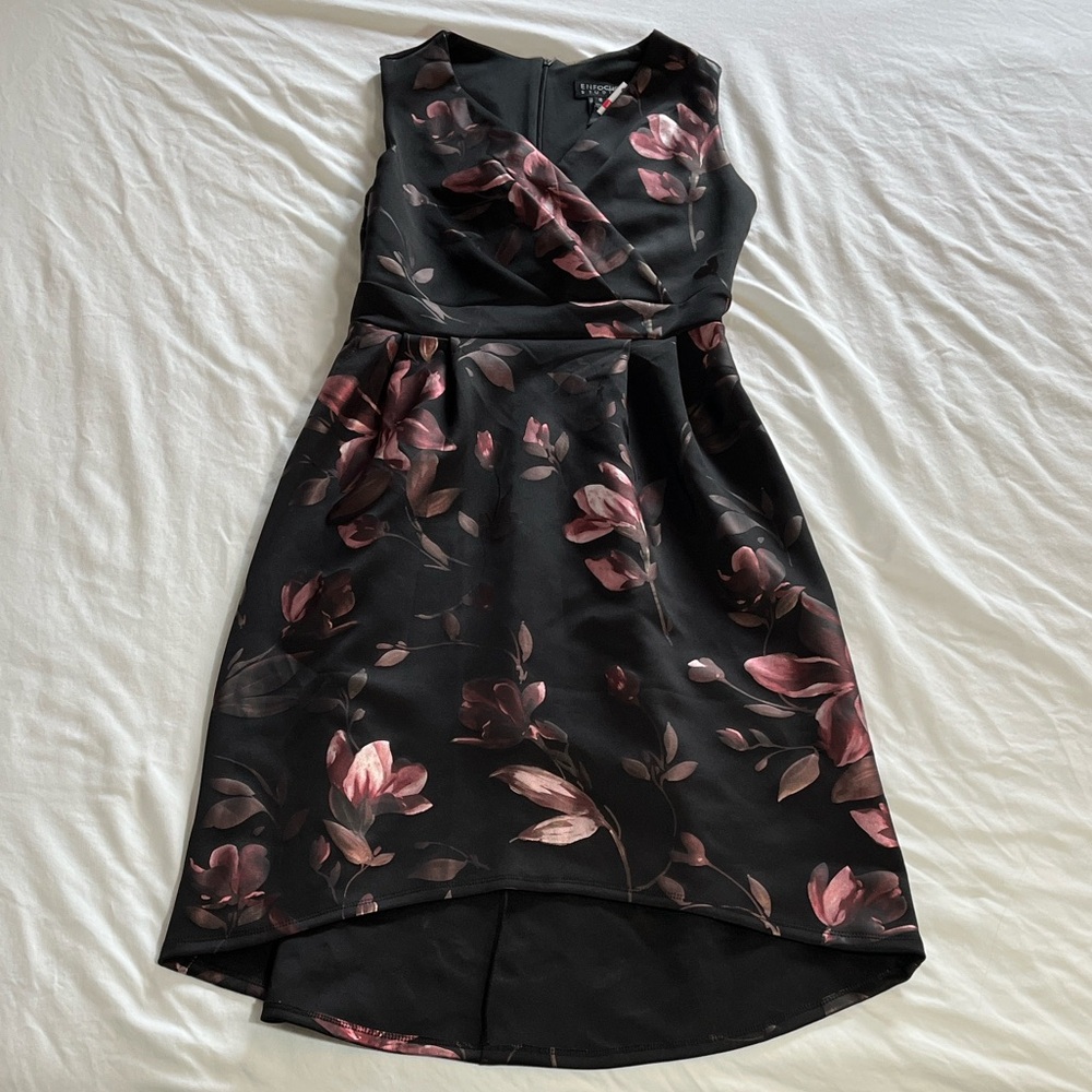 Enfocus Studio Black Rose Floral Dress High Low V-Neck Cocktail Wedding Guest
